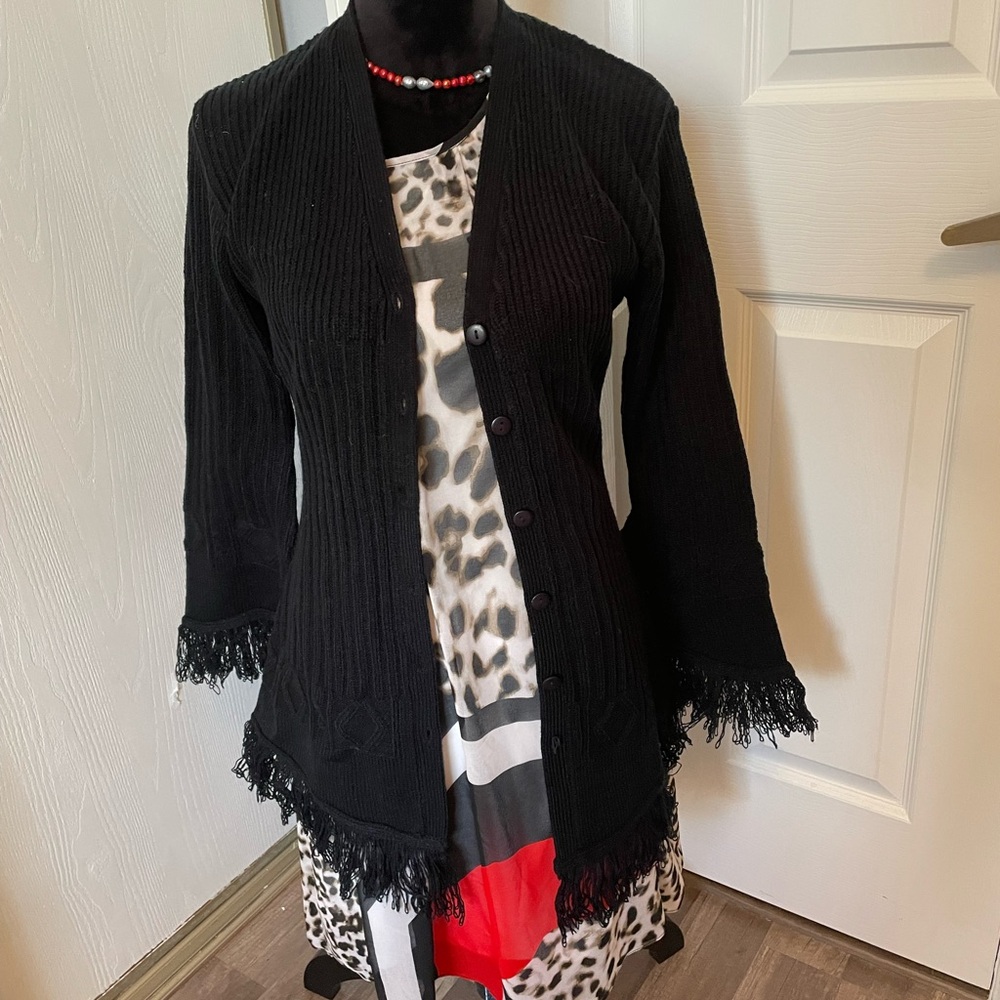 Jazzie Elegant Black Fringed Cardigan Size L